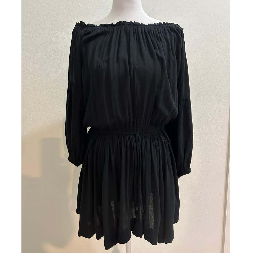 Elan Black Off Shoulder Boho Mini Dress Balloon Sleeves S